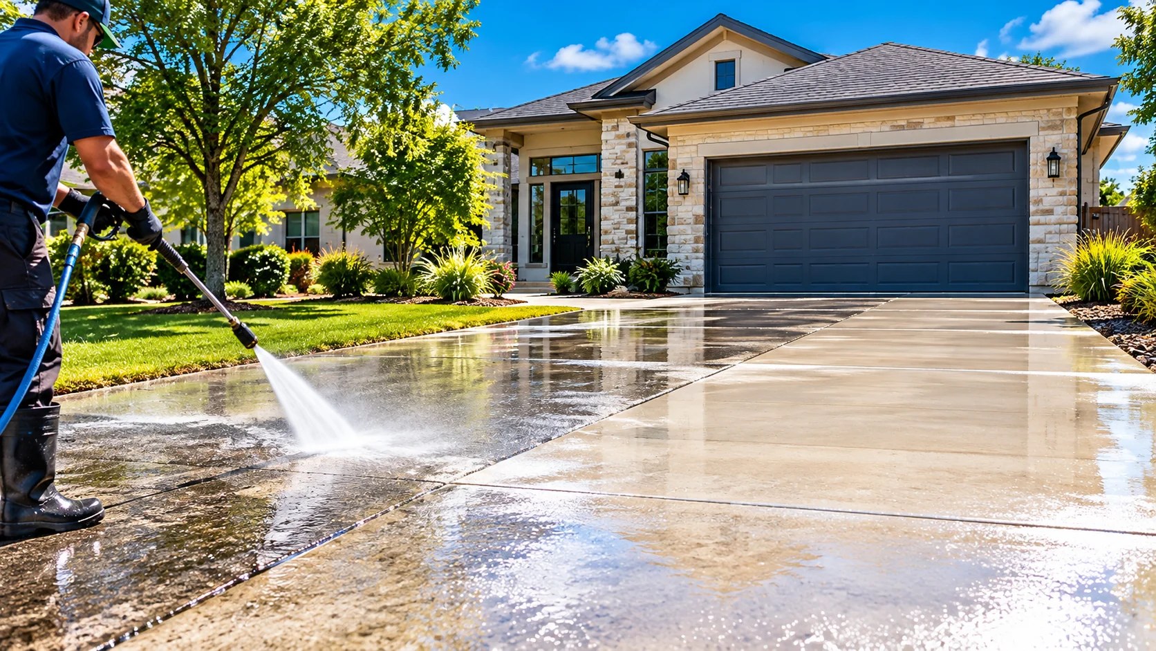 Illustrative photo of a residential driveway being pressure washed